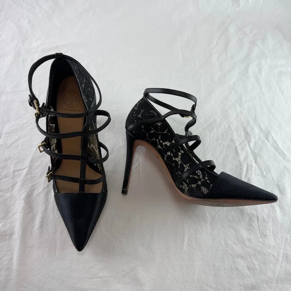Tory Burch Sutton 100mm Pump Camellia Lace Strappy Womens 10M